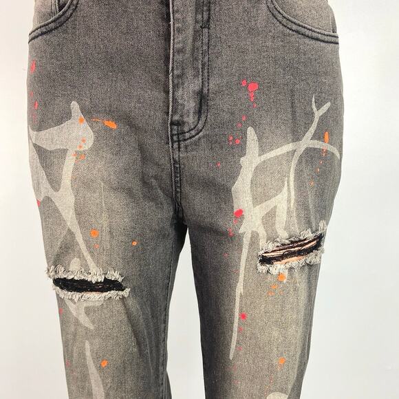 Shein Paint Splatter Black Distressed Straight Skinny Slim Leg Denim Jeans 27 - Picture 4 of 5